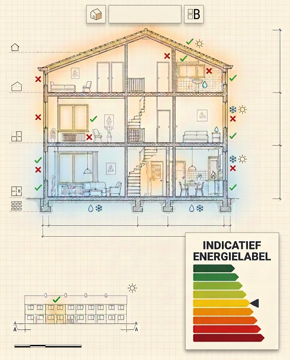Doorsnedetekening van een rijtjeswoning met warmteverlies-gloed en indicatief energielabel